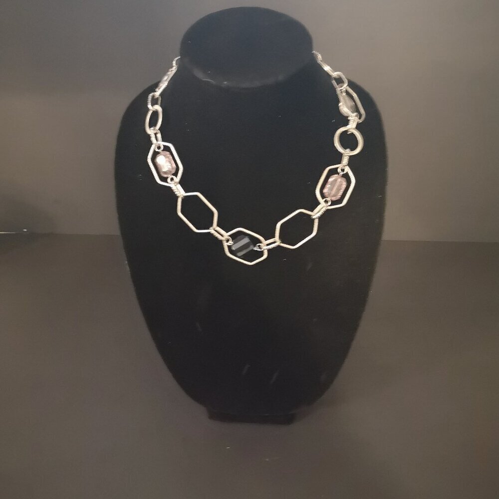 Lia Sophia Silver Tone Chain Link Necklace w/ Hexagonal & Round Links